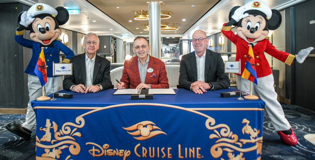 Meyer Werft hands over Disney Treasure - L-R: Bernard Meyer, Thomas Mazloum, Bernd Eikens (Image at LateCruiseNews.com - October 2024